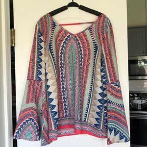 Boho colorful fun pattern bell sleeve blouse